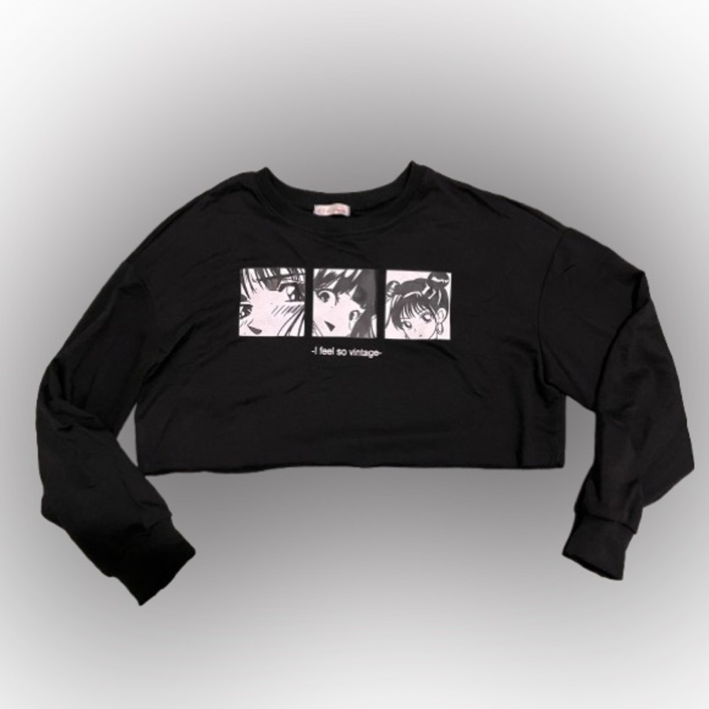 ROMWE Black Anime Graphic Long Sleeve Crop Tee I Feel So Vintage Sz L
